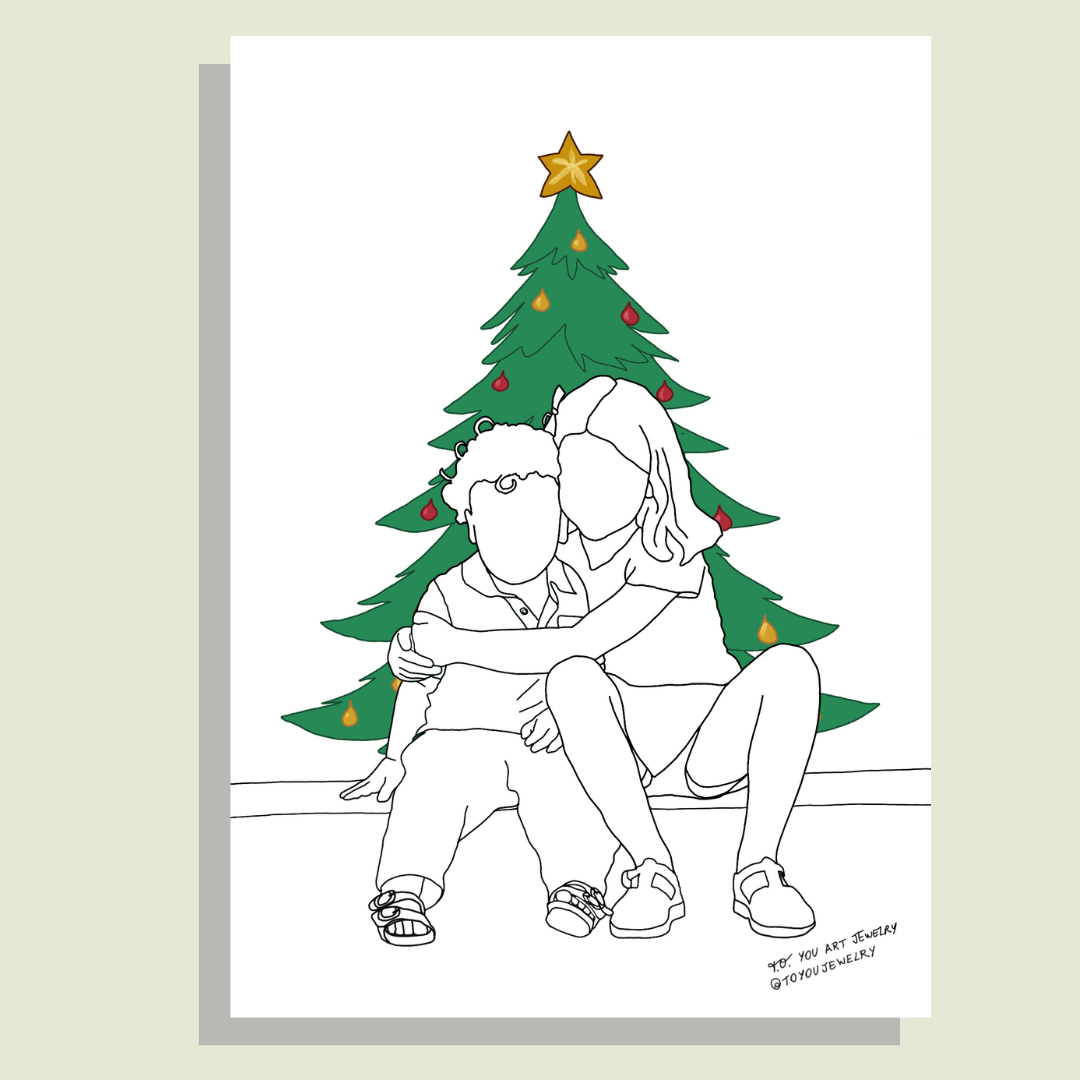 Christmas Printed Art: Family & Dog Line-Art Portraits
