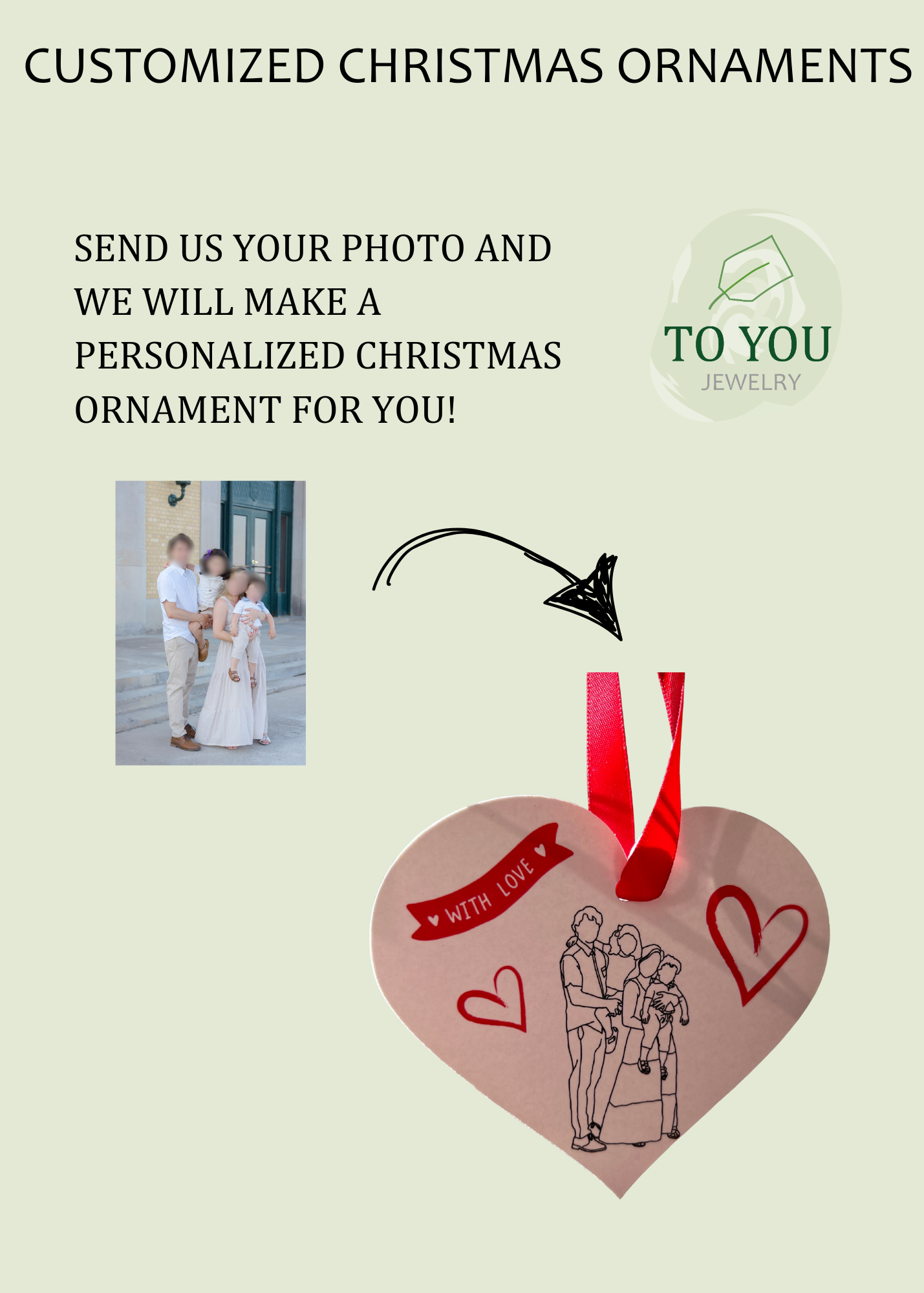 Christmas Ornament: Family Line-Art Portrait (Heart Shape)