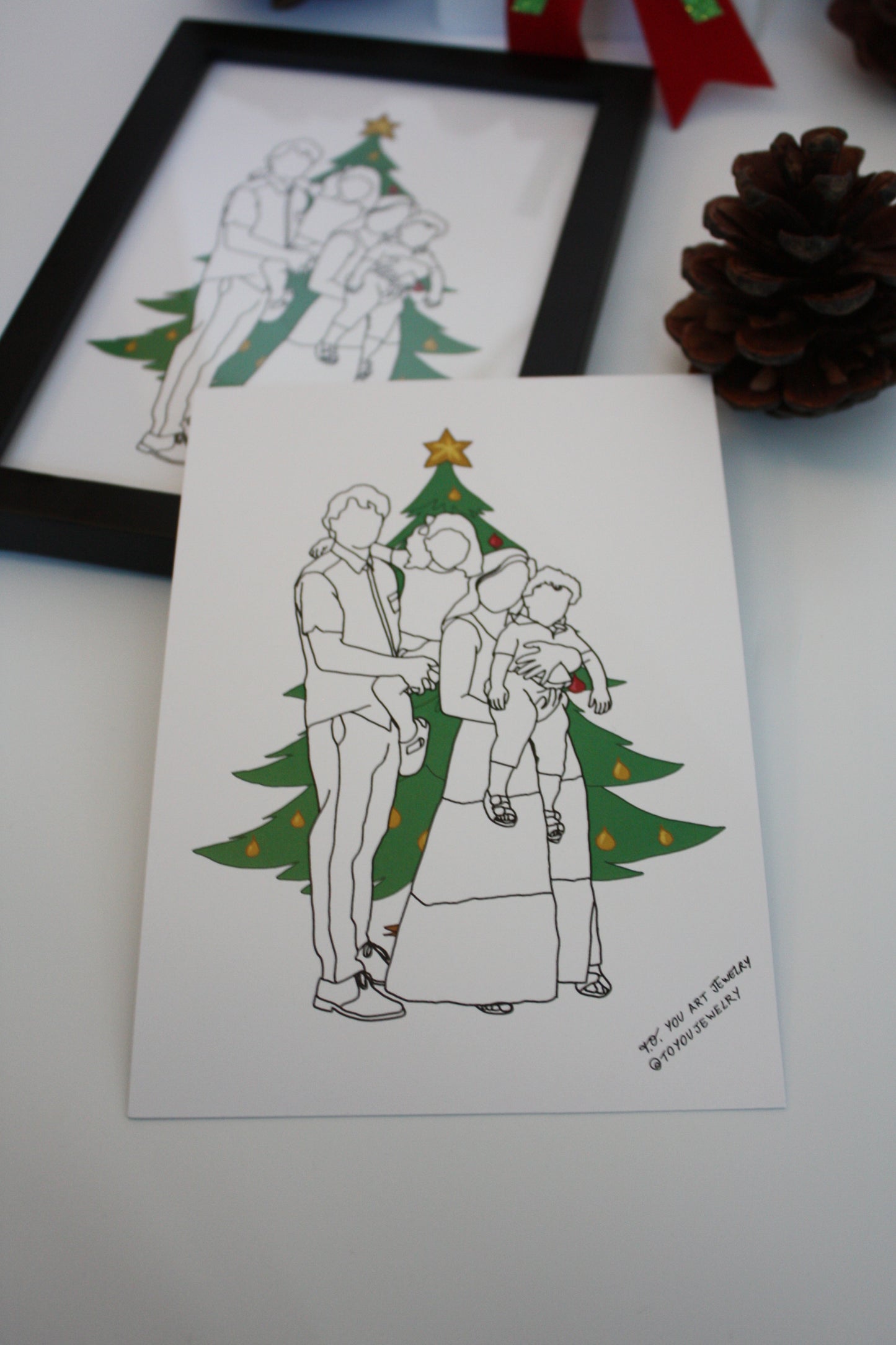 Christmas Printed Art: Family & Dog Line-Art Portraits