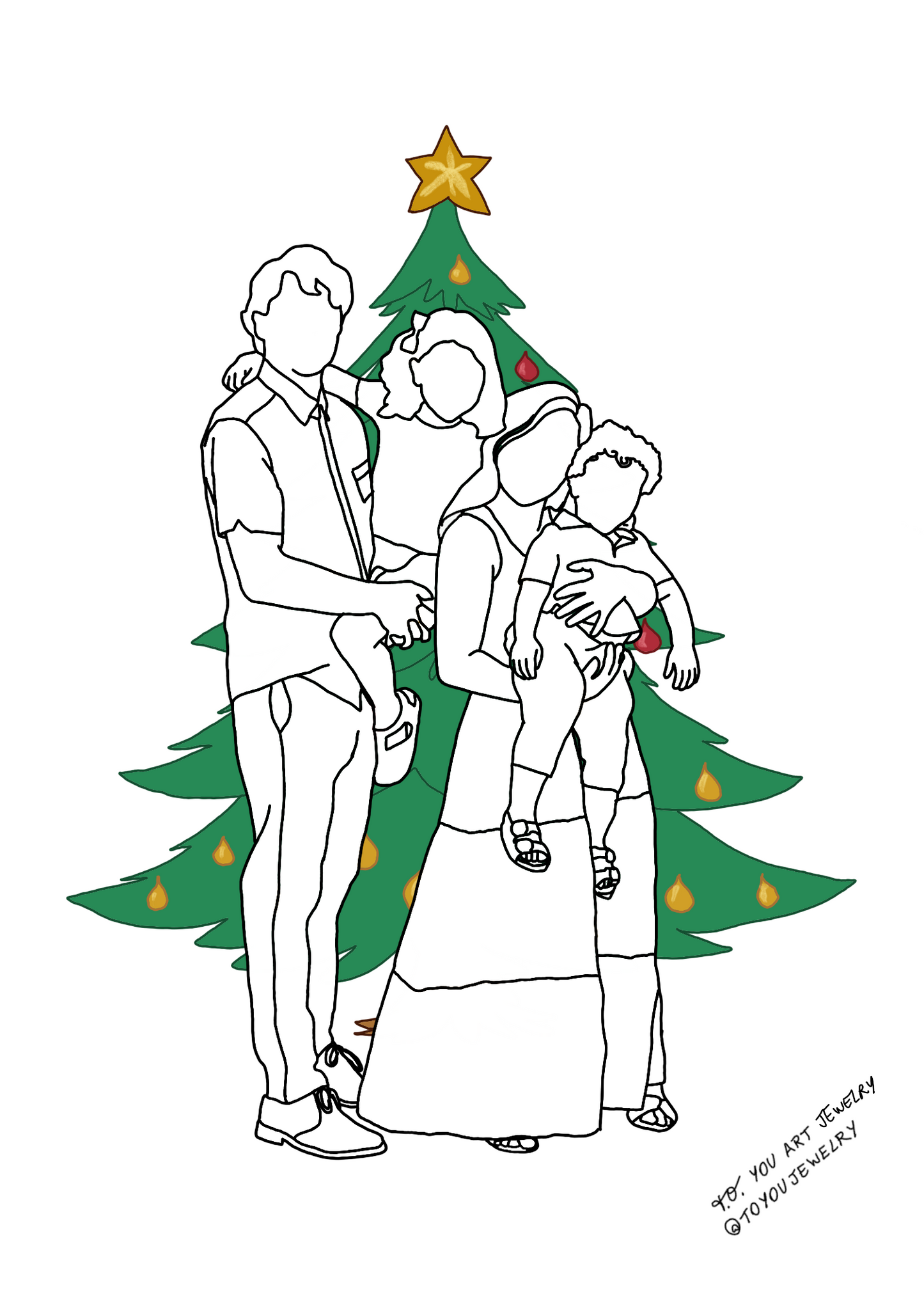 Christmas Ornament: Family Line-Art Portrait