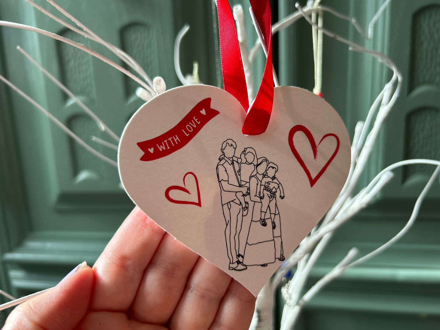 Christmas Ornament: Family Line-Art Portrait (Heart Shape)